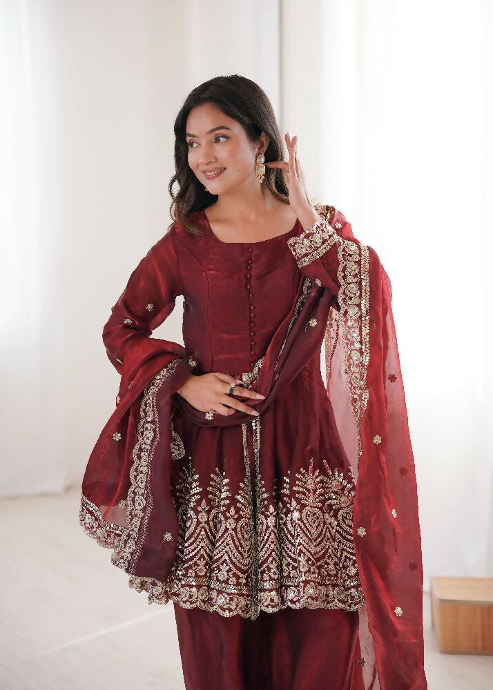 Teeya Creation Maroon Color Fendy Satin Silk Embroidery Work Party Wear Salwar Suit