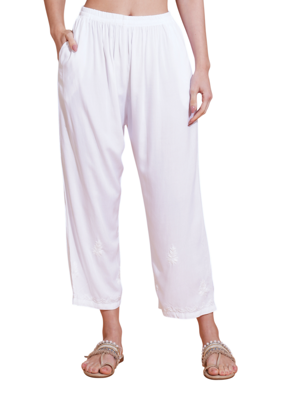 Pahnaz Luxury Rayon Chikankari Handwork Palazzo-White
