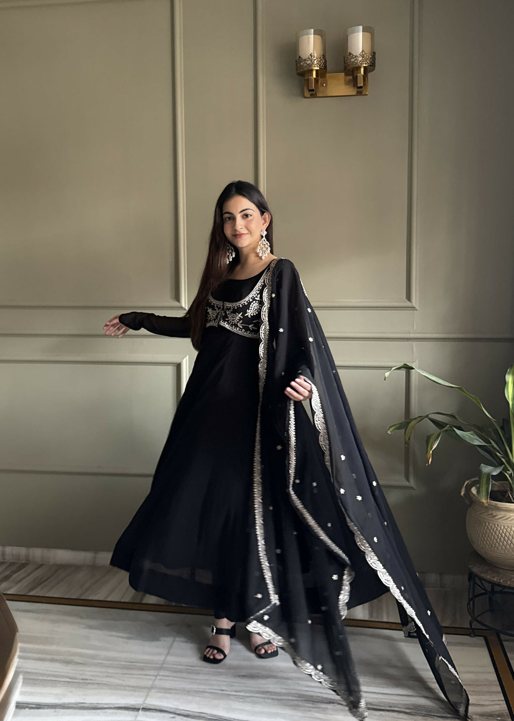 Lehenga Mart Designer Anarkali Suit With Kurta, Pant, Dupatta For Women-Black