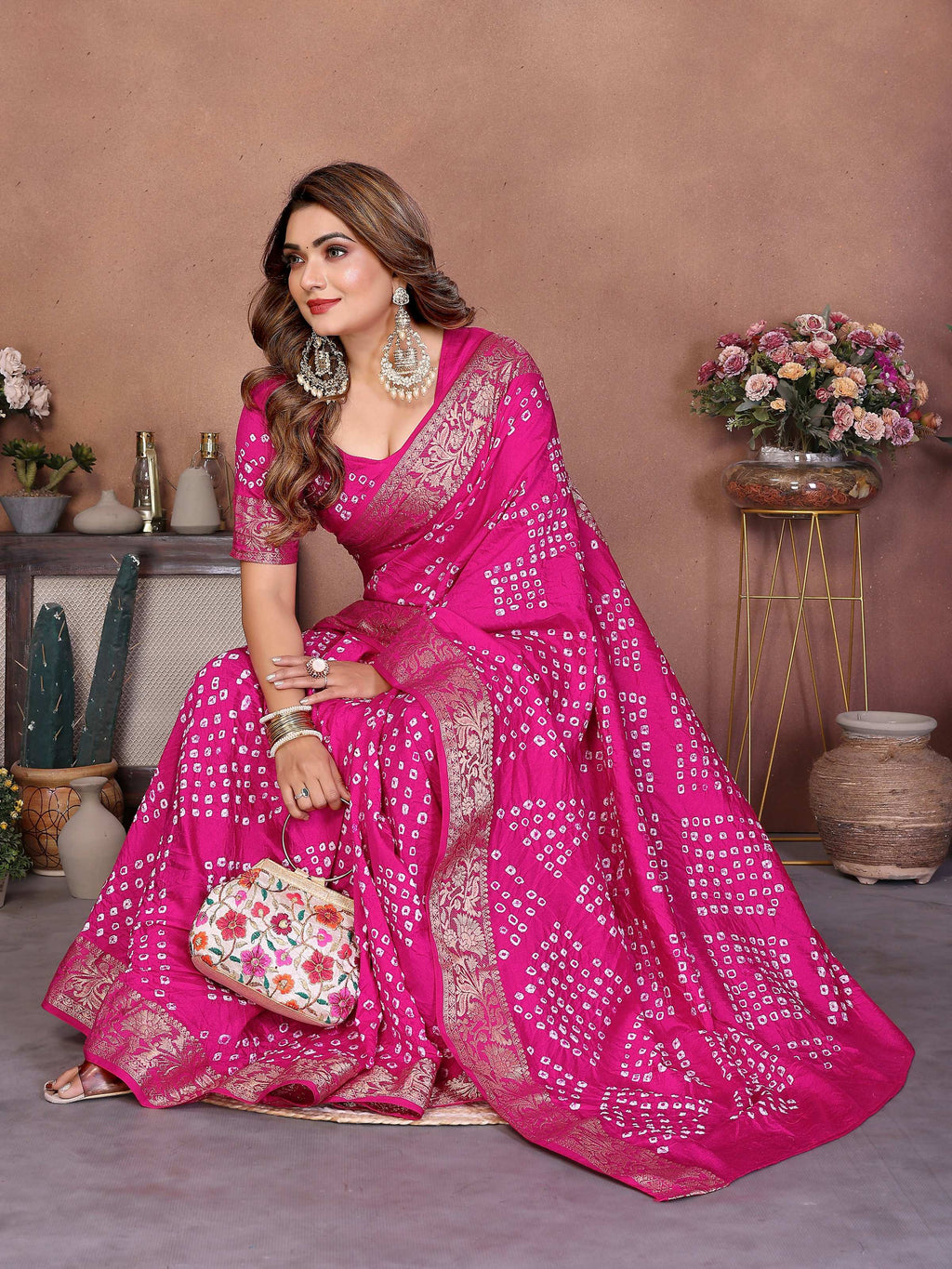Aastha Fashion Pink Pure Dola Silk Handmade Original Bandhej Saree