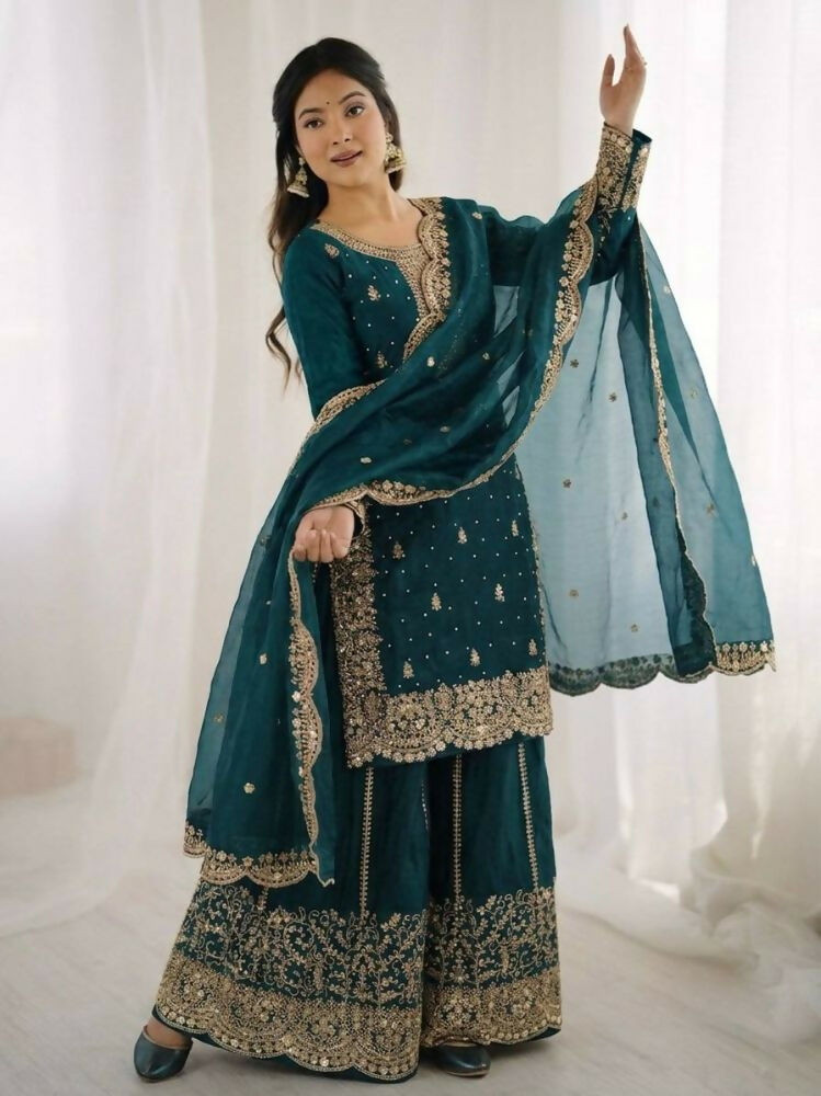 Teeya Creation Teal Color Fendy Silk Embroidery Work Wedding Wear Salwar Suit