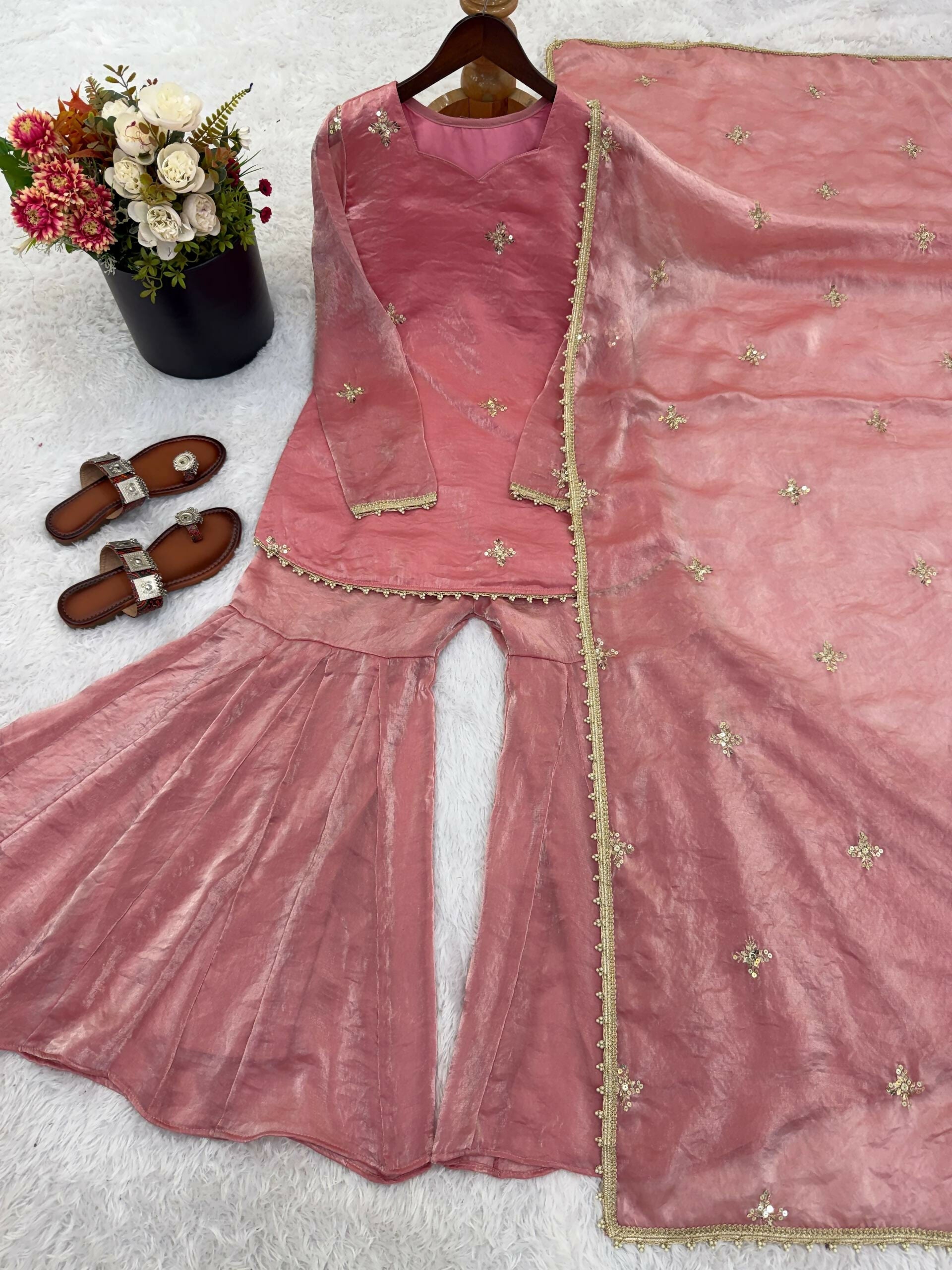 Teeya Creation New Womens Trendy Embroidery Sequence Work Pink Kurta Set