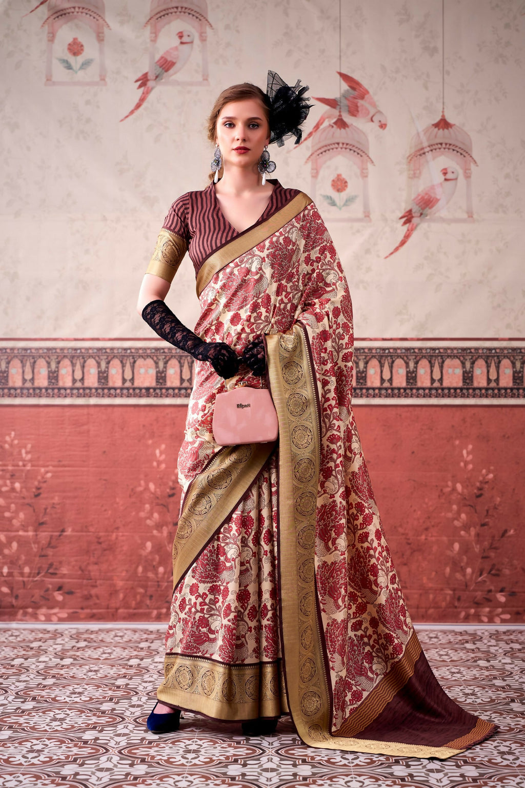 Vastranavya Pink Tussar Silk Printed with Viscose Border Saree & Unstitched Blouse