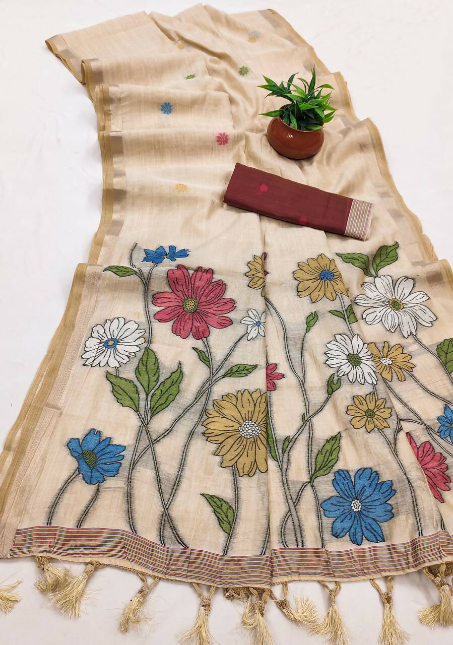 Vastranavya Cream Muga Cotton Meenakari & Azarakh Pallu Saree with Contrast Blouse