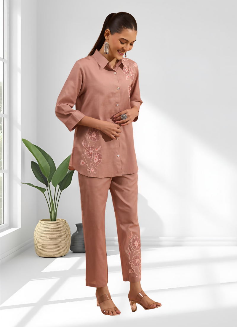 Joban Fashion Powder Pink Cotton, Linen Embroidered Readymade Cord Set