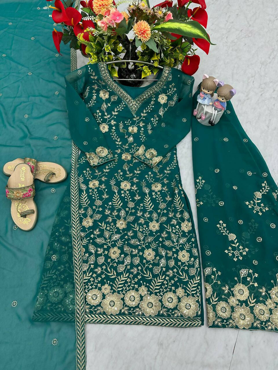 Teeya Creation Womens New Heavy Fox Georgette Fabric With Heavy Embroidery Work Green Kurta Set