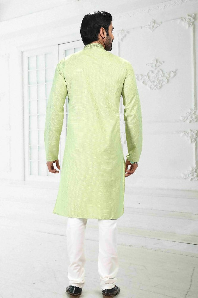 Raivat Ethnic Linen Cotton Thread Work Kurta Pajama In Pista Green Colour