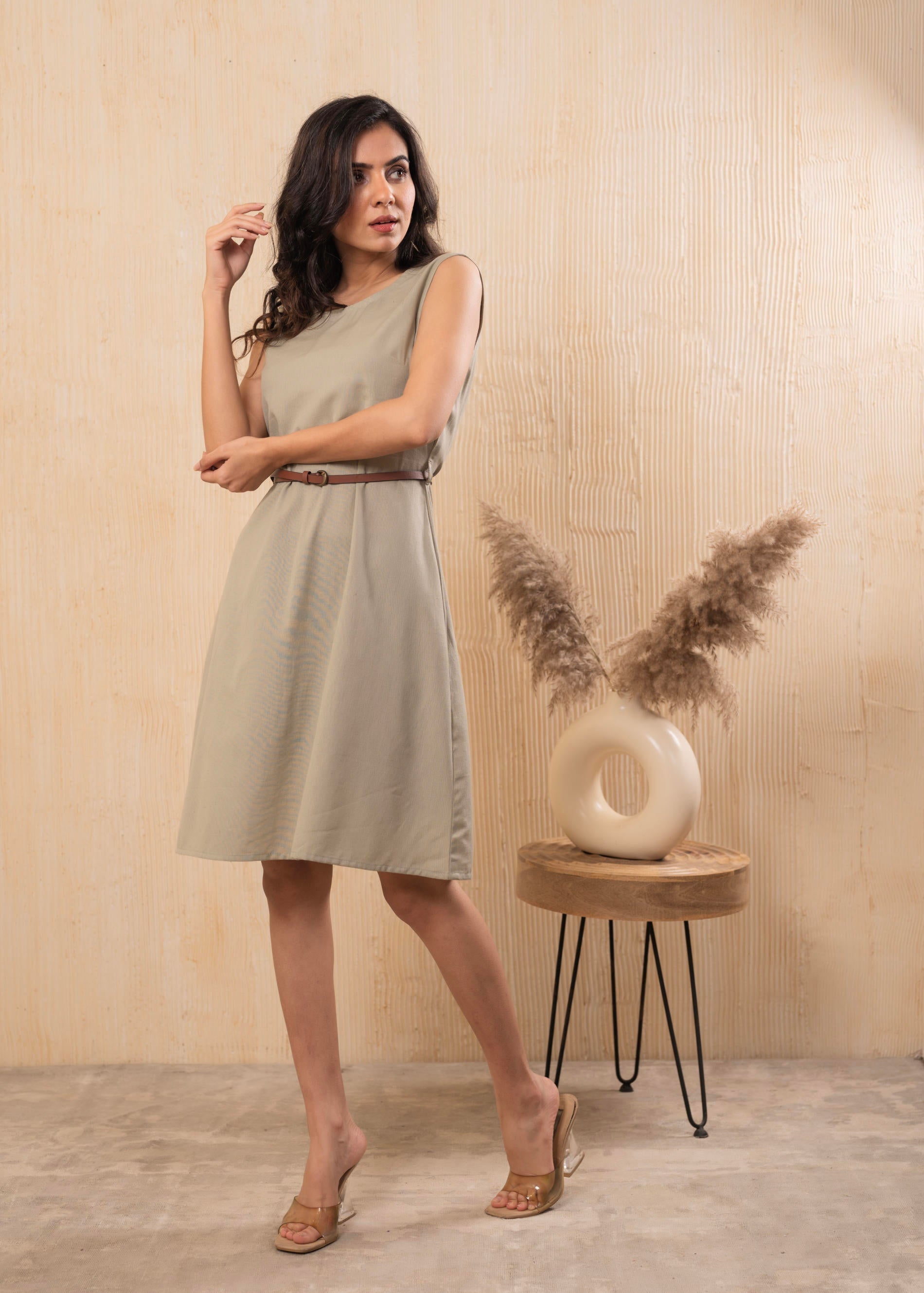 Juniper Lamora Beige Sleeveless A-Line Belted Dress