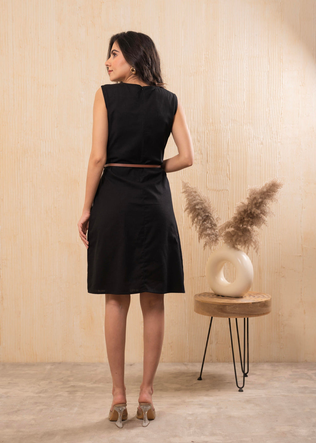 Juniper Lamora Black Sleeveless A-Line Belted Dress