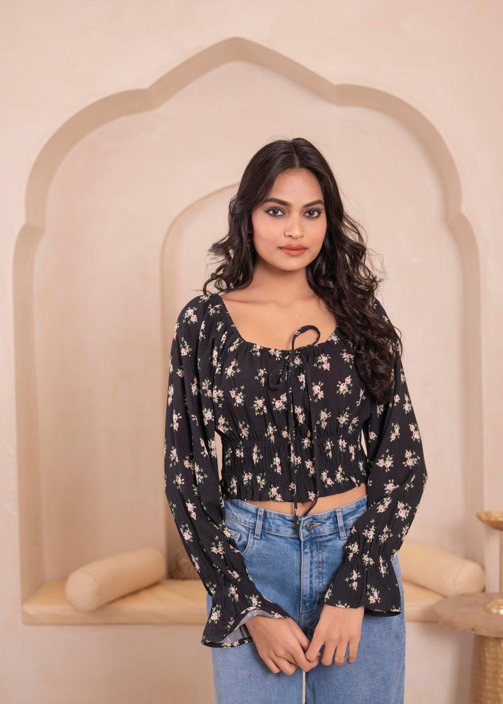Juniper Lamora Black Floral Smocked Crop Top