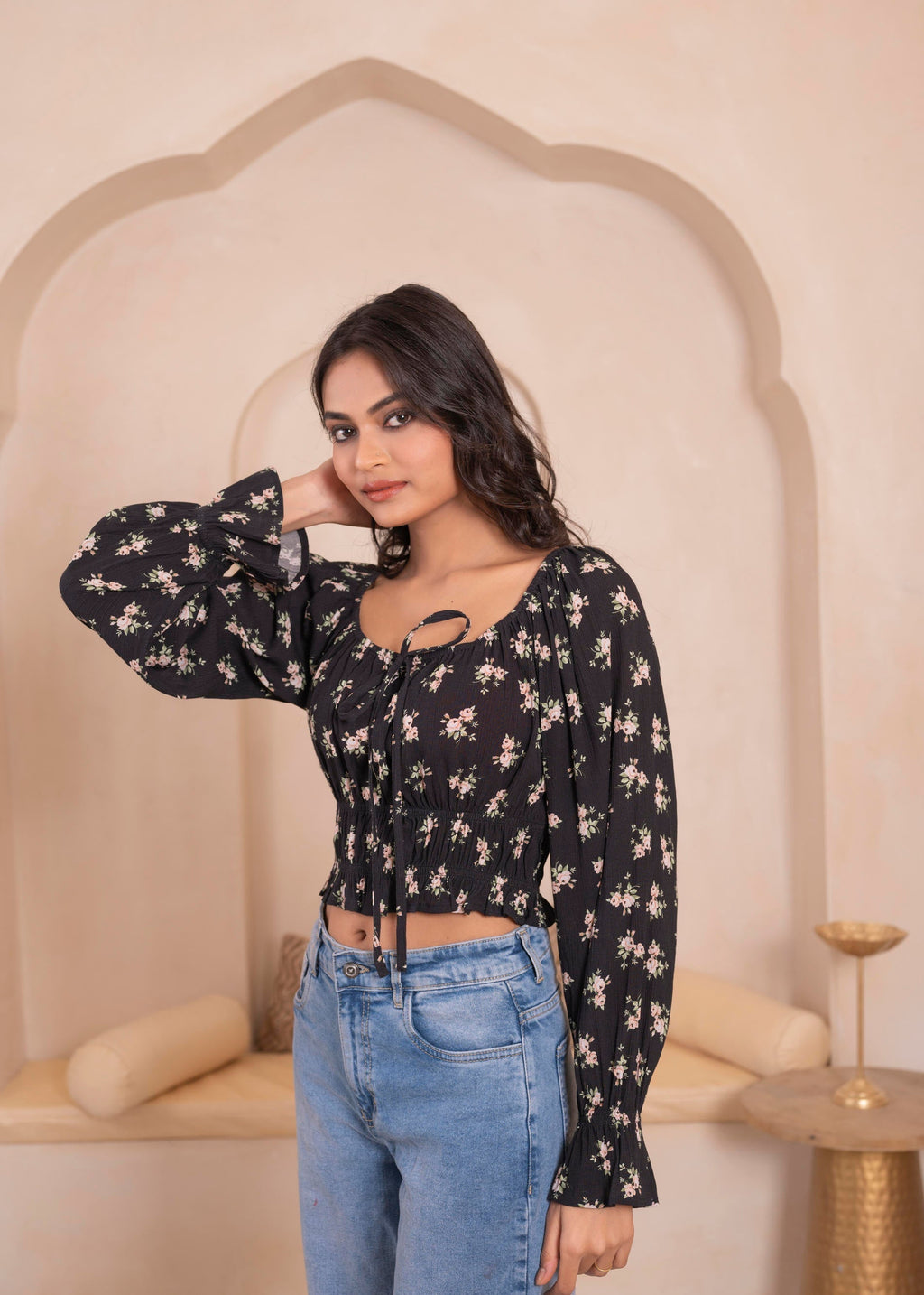 Juniper Lamora Black Floral Smocked Crop Top