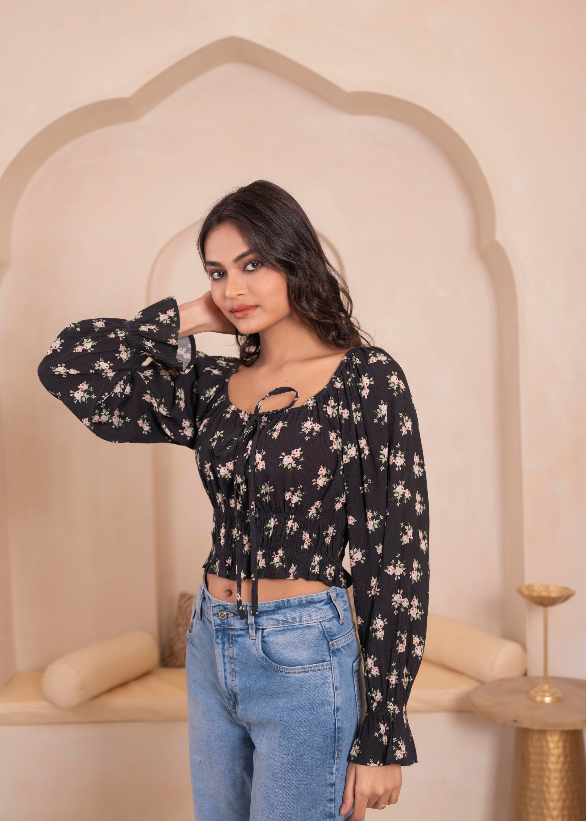 Juniper Lamora Black Floral Smocked Crop Top