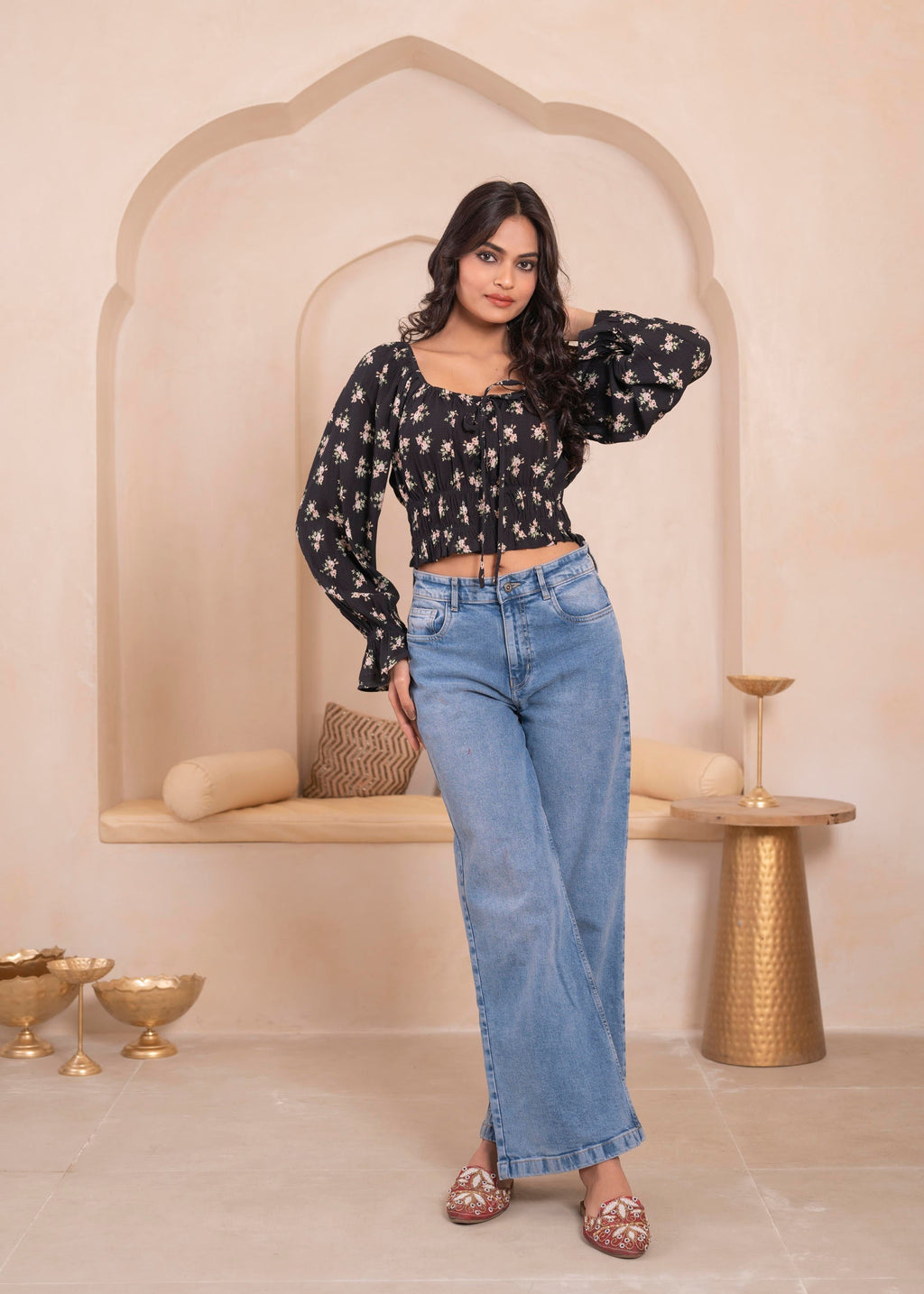 Juniper Lamora Black Floral Smocked Crop Top