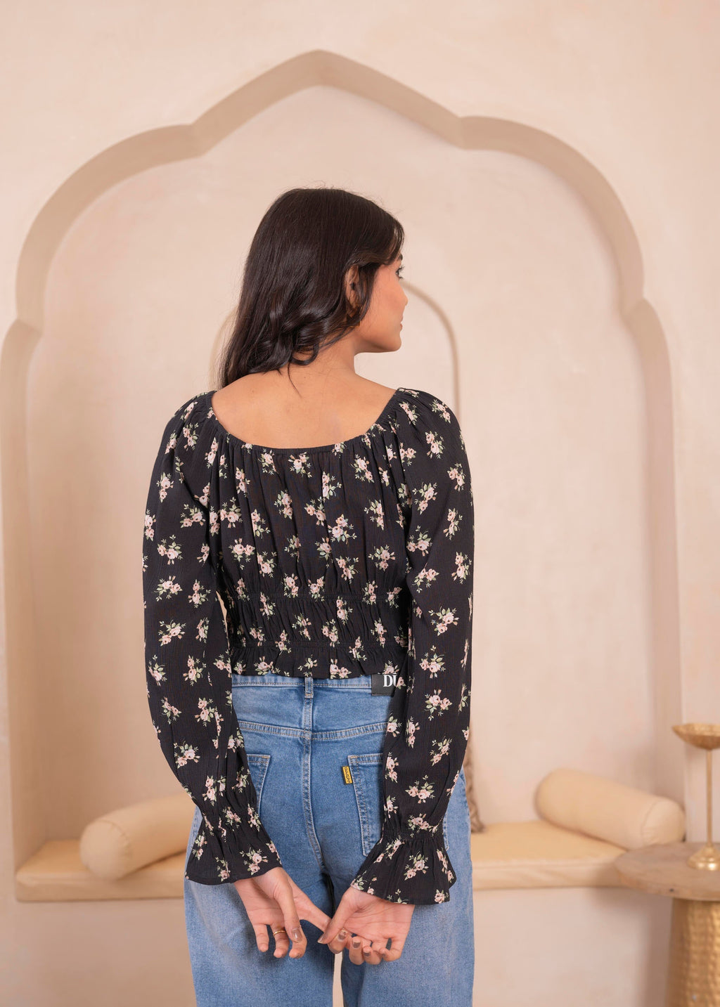 Juniper Lamora Black Floral Smocked Crop Top
