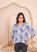 Juniper Lamora White & Blue Baroque Floral Printed Top