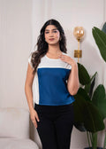 Juniper Lamora Off-White & Blue Colorblock Casual Top