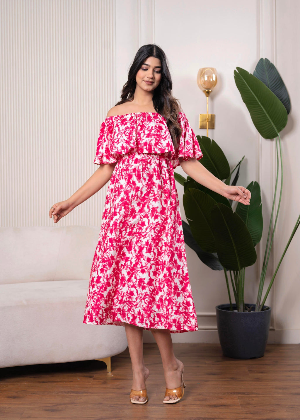 Juniper Lamora Pink & White Off-Shoulder Ruffle Midi Dress