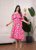 Juniper Lamora Pink & White Off-Shoulder Ruffle Midi Dress