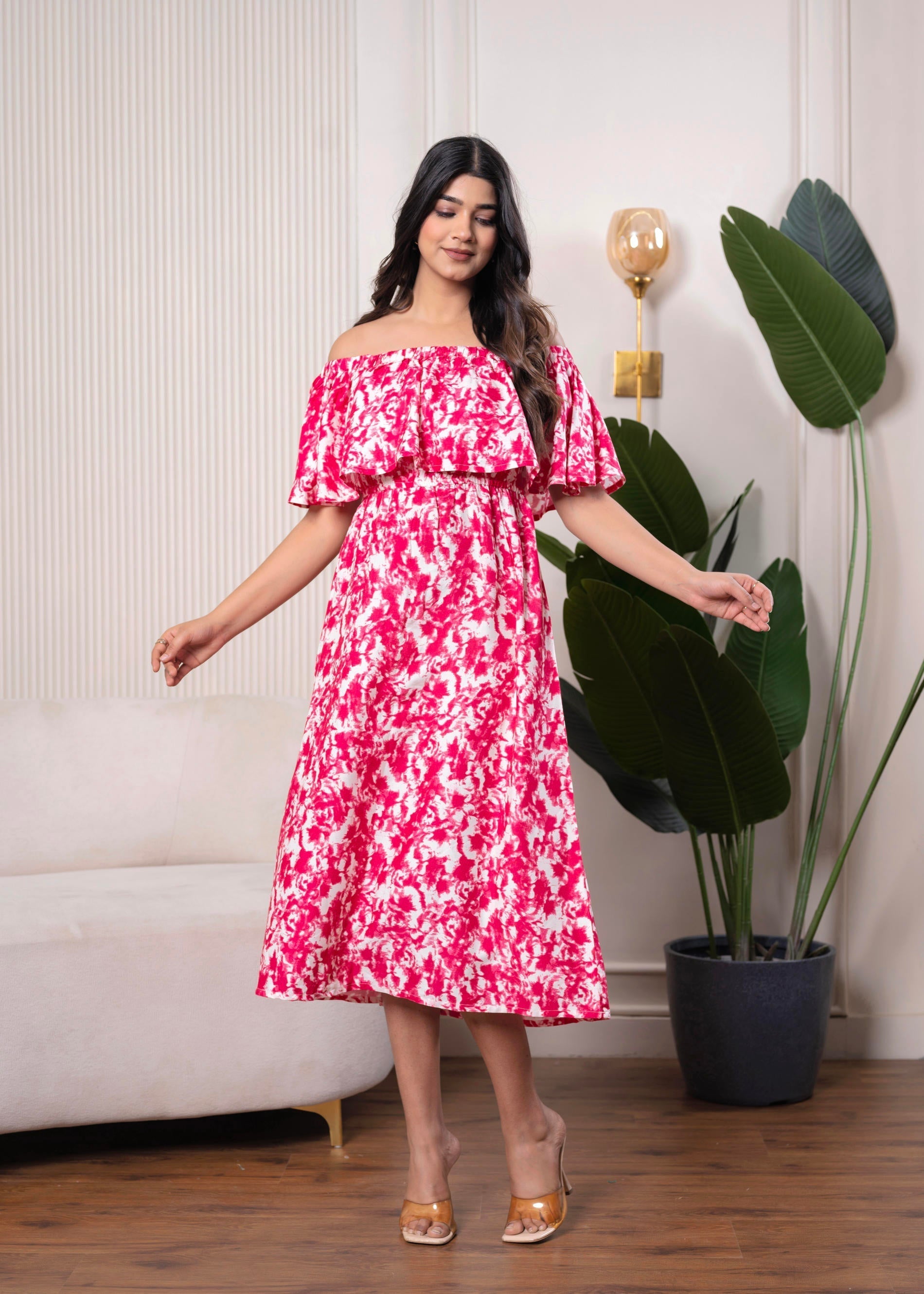 Juniper Lamora Pink & White Off-Shoulder Ruffle Midi Dress