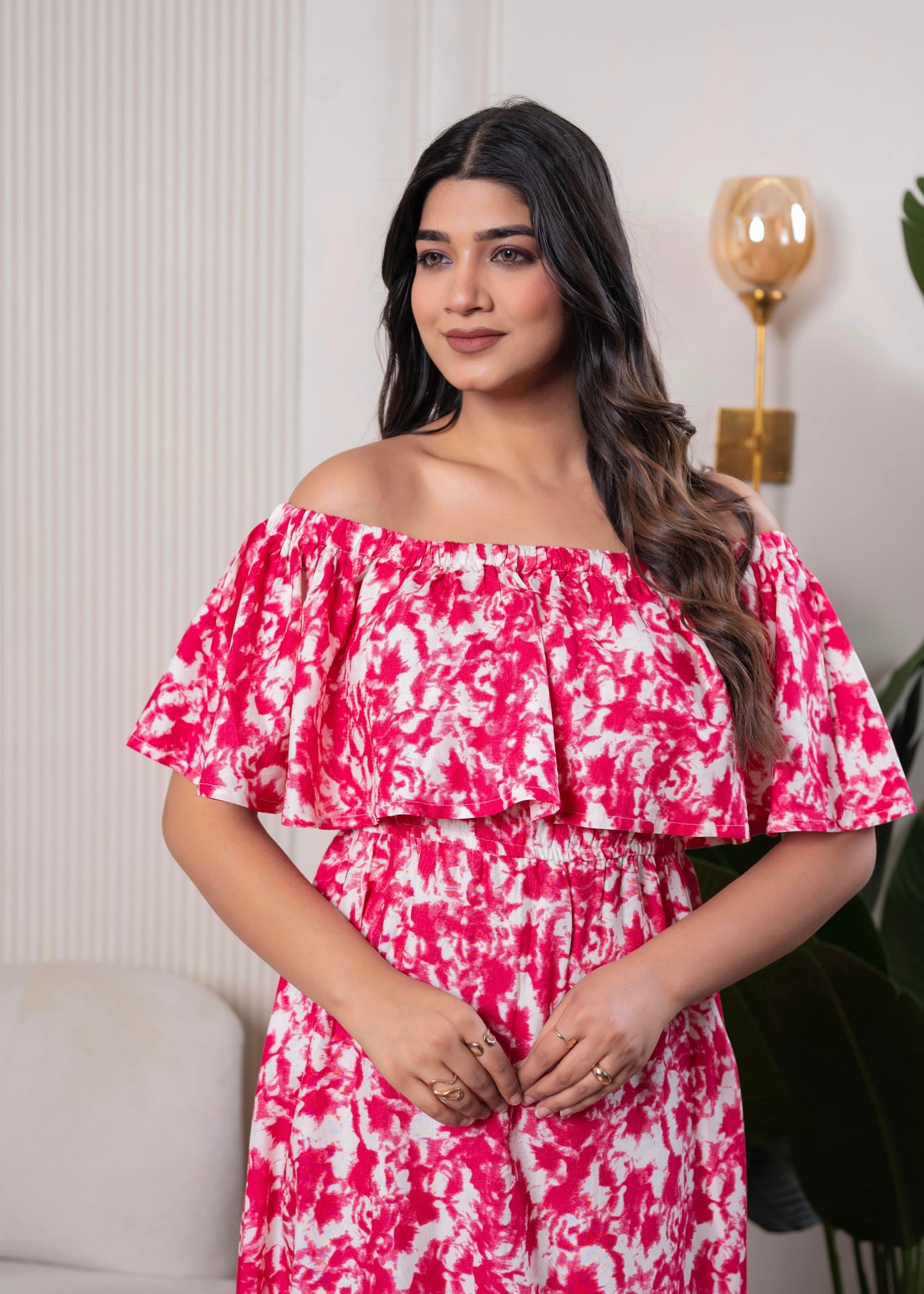 Juniper Lamora Pink & White Off-Shoulder Ruffle Midi Dress