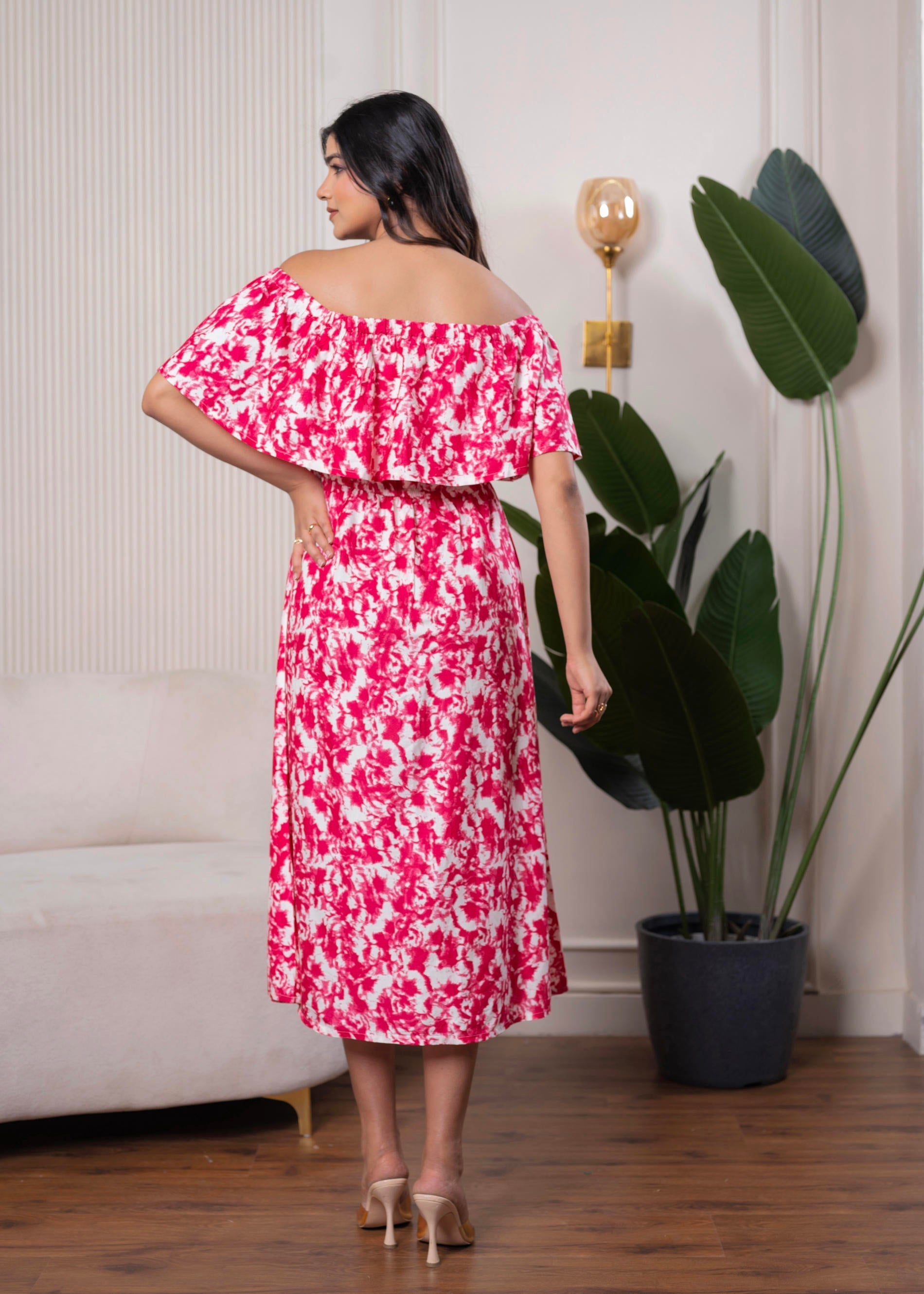 Juniper Lamora Pink & White Off-Shoulder Ruffle Midi Dress