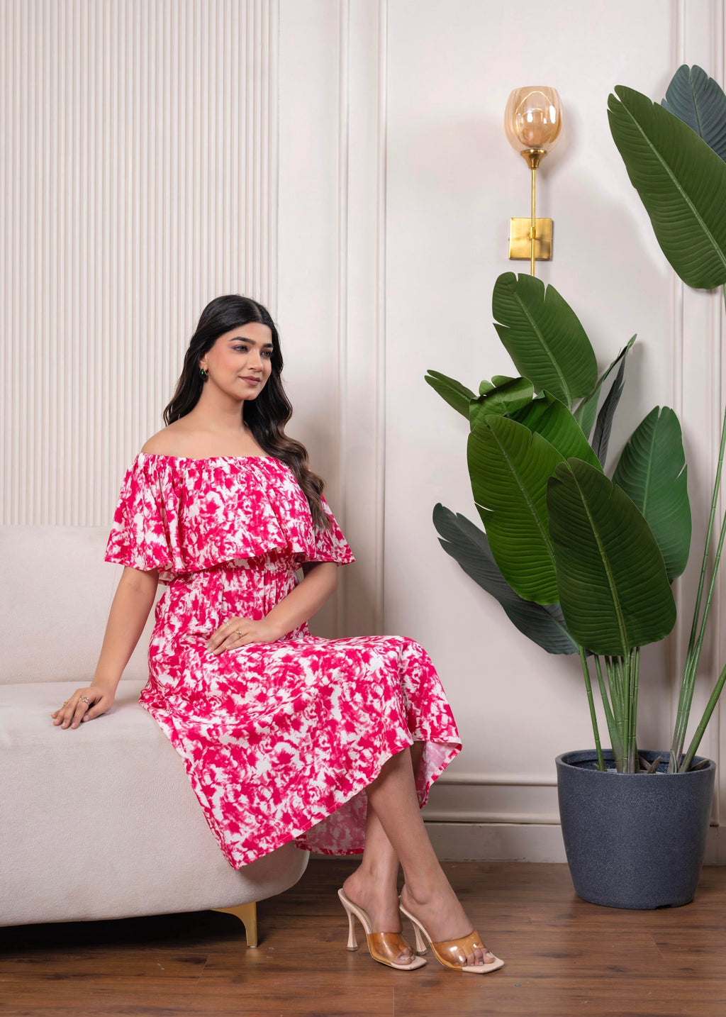 Juniper Lamora Pink & White Off-Shoulder Ruffle Midi Dress