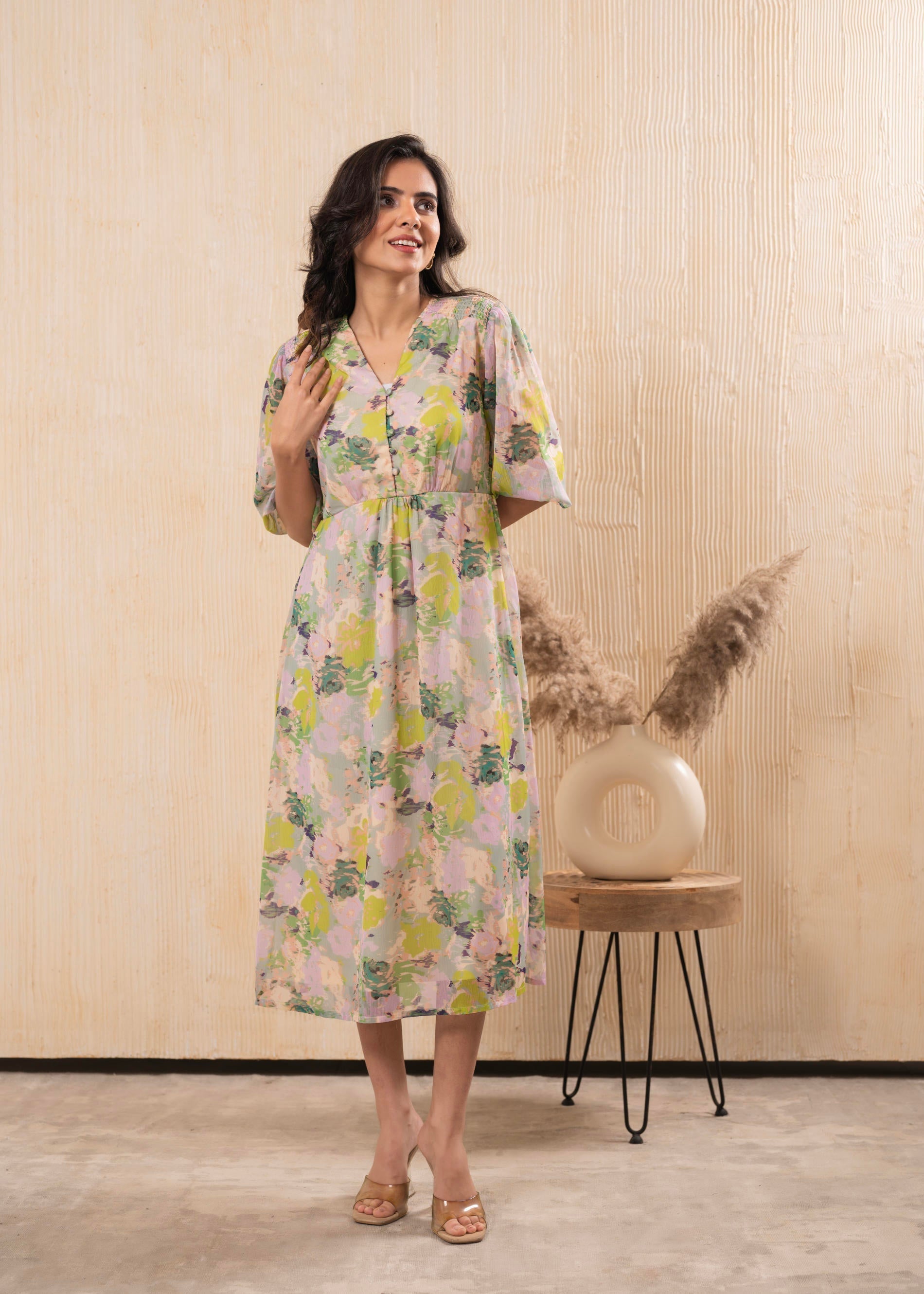 Juniper Lamora Pastel Floral A-Line Midi Dress