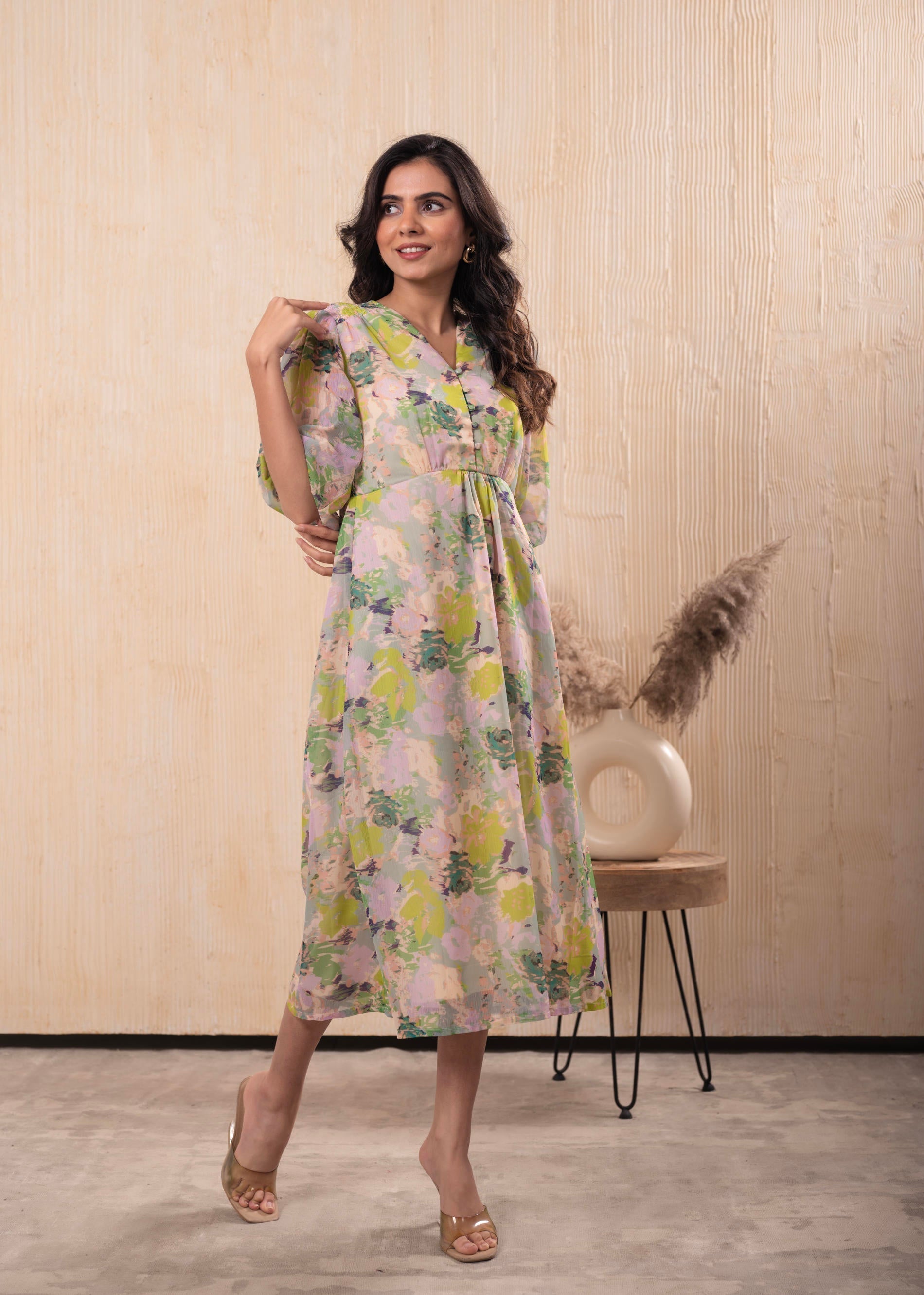 Juniper Lamora Pastel Floral A-Line Midi Dress