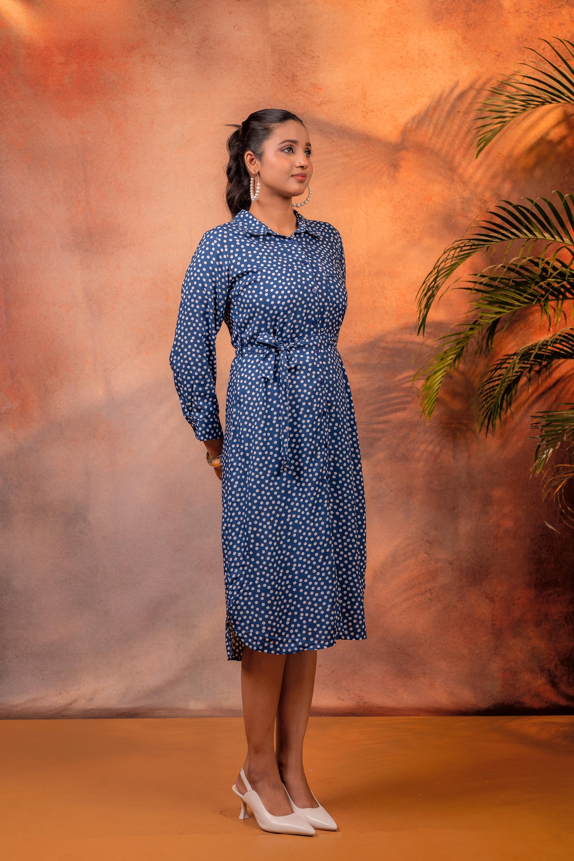Juniper Lamora Navy Blue Polka Dot Shirt Dress With Waist Tie