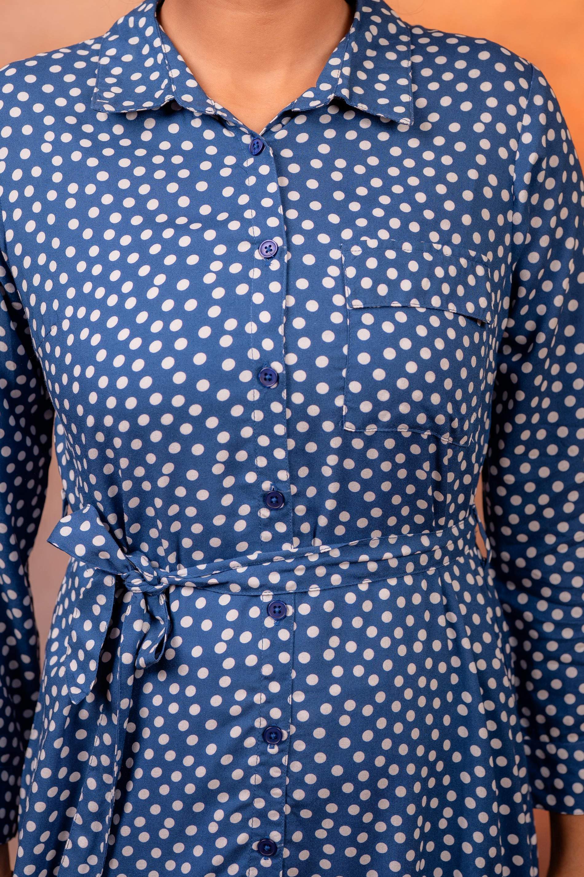 Juniper Lamora Navy Blue Polka Dot Shirt Dress With Waist Tie