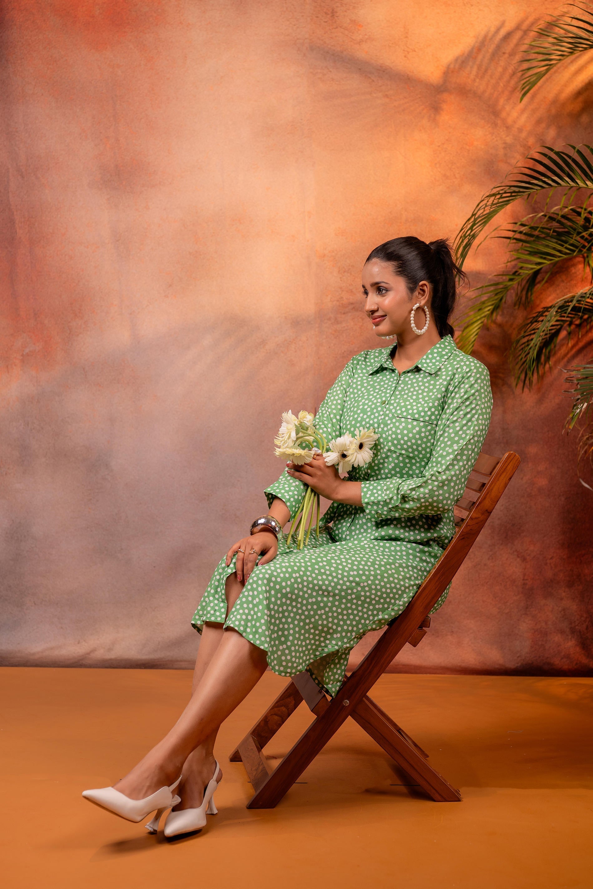 Juniper Lamora Green Polka Dot Shirt Dress With Waist Tie