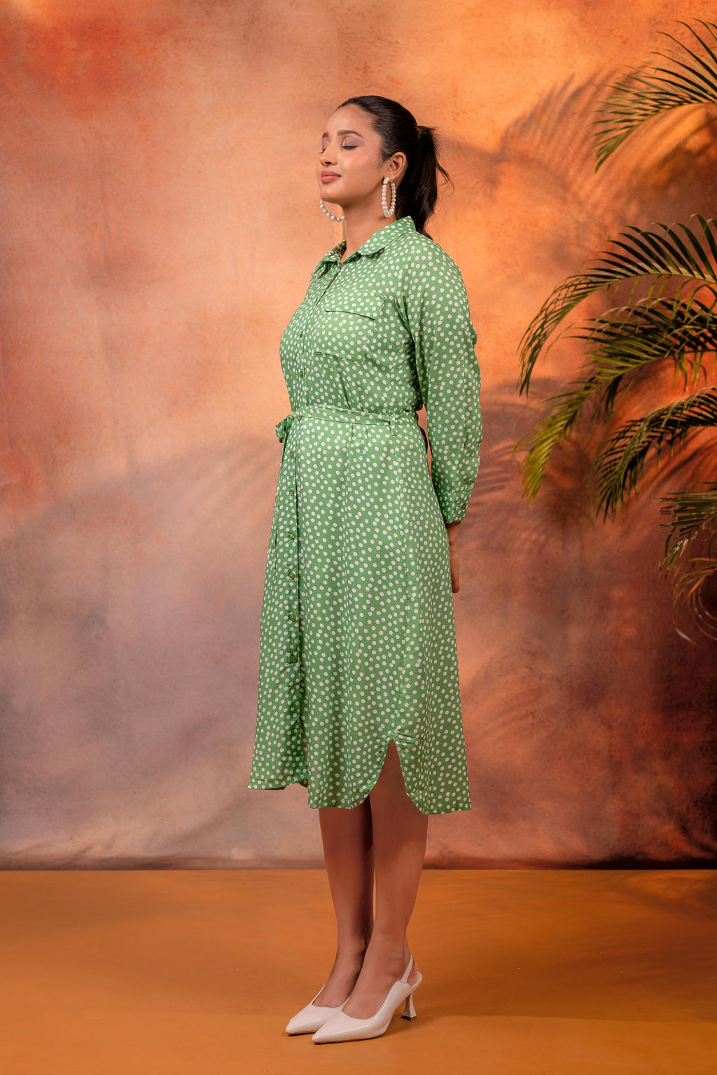 Juniper Lamora Green Polka Dot Shirt Dress With Waist Tie