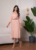 Juniper Lamora Peach & White Geometric Button-Down Midi Shirt Dress With Waist Belt