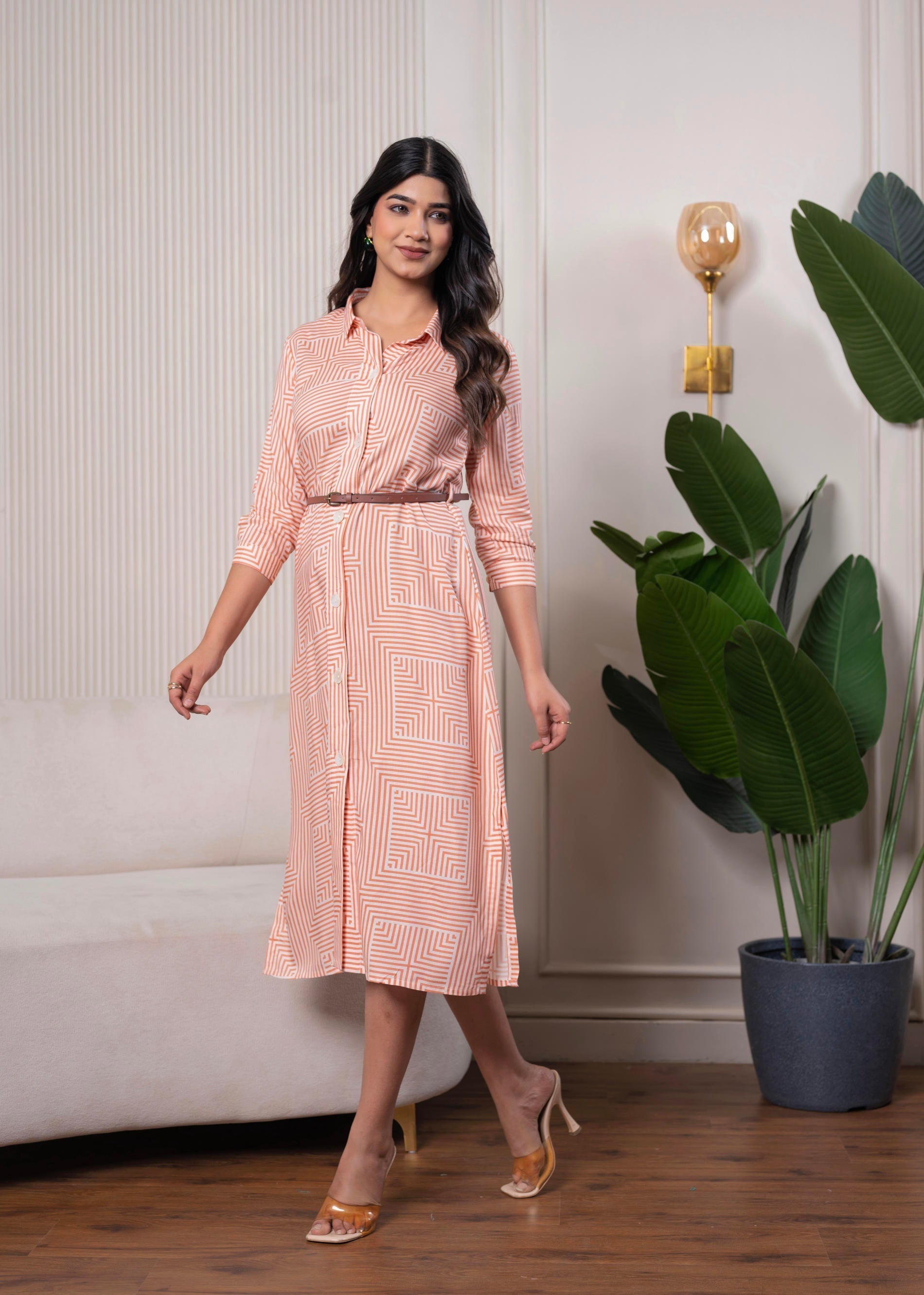 Juniper Lamora Peach & White Geometric Button-Down Midi Shirt Dress With Waist Belt