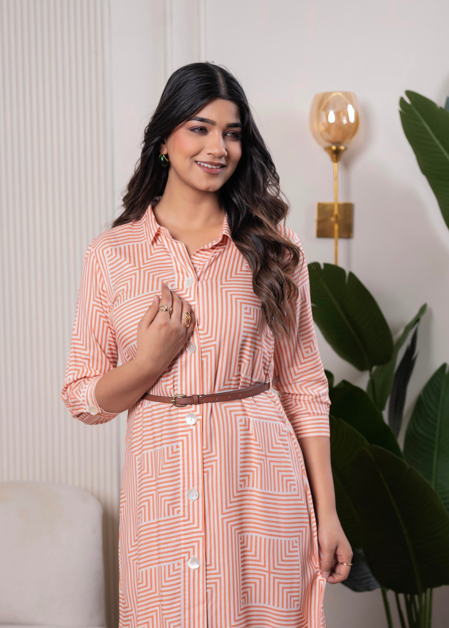 Juniper Lamora Peach & White Geometric Button-Down Midi Shirt Dress With Waist Belt