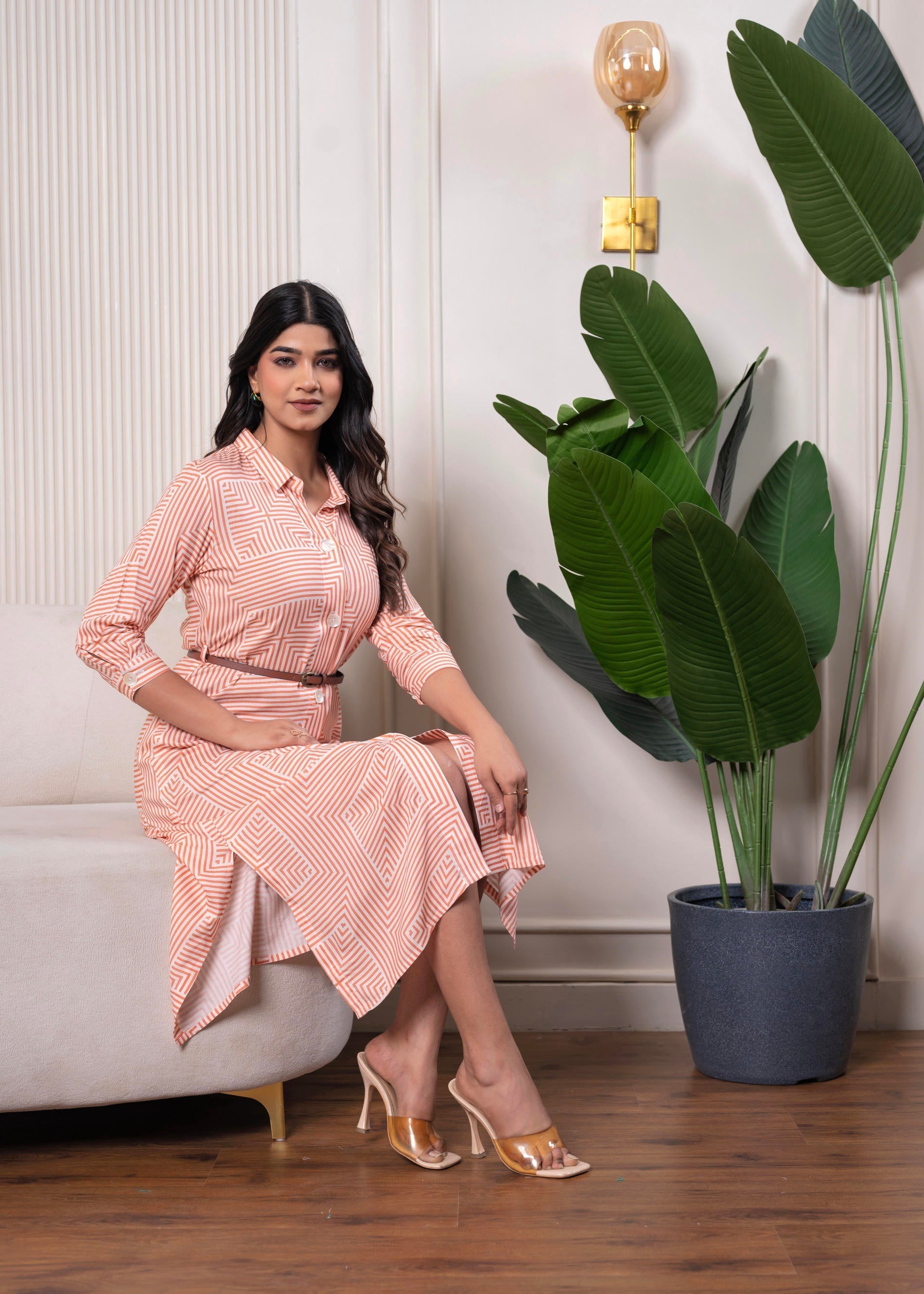 Juniper Lamora Peach & White Geometric Button-Down Midi Shirt Dress With Waist Belt