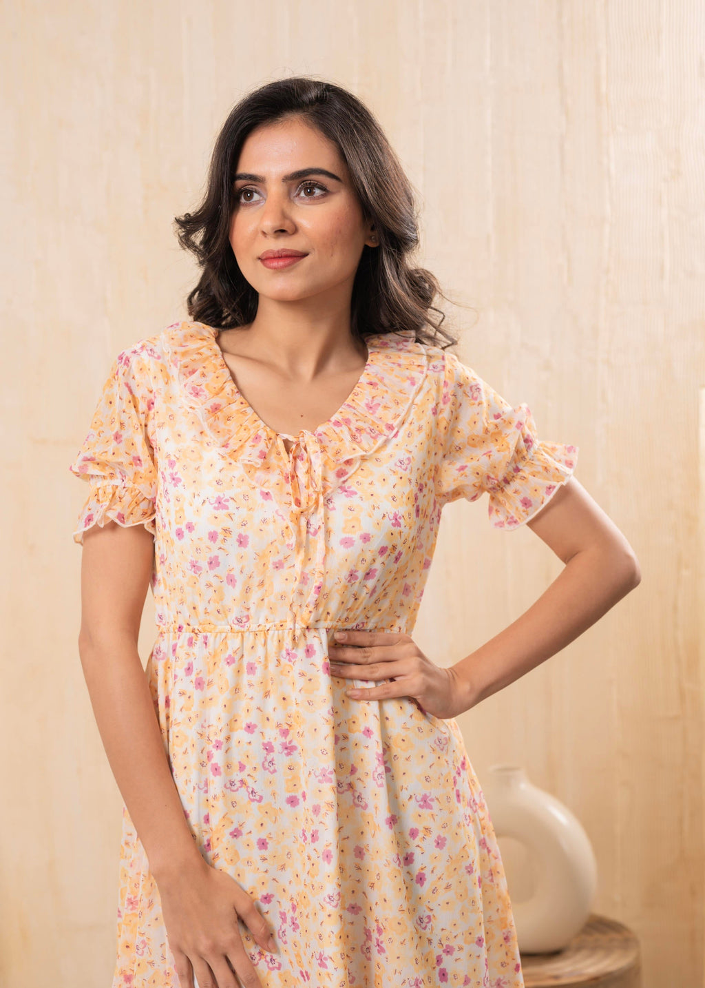Juniper Lamora Pastel Peach Floral Fit & Flare Short Dress