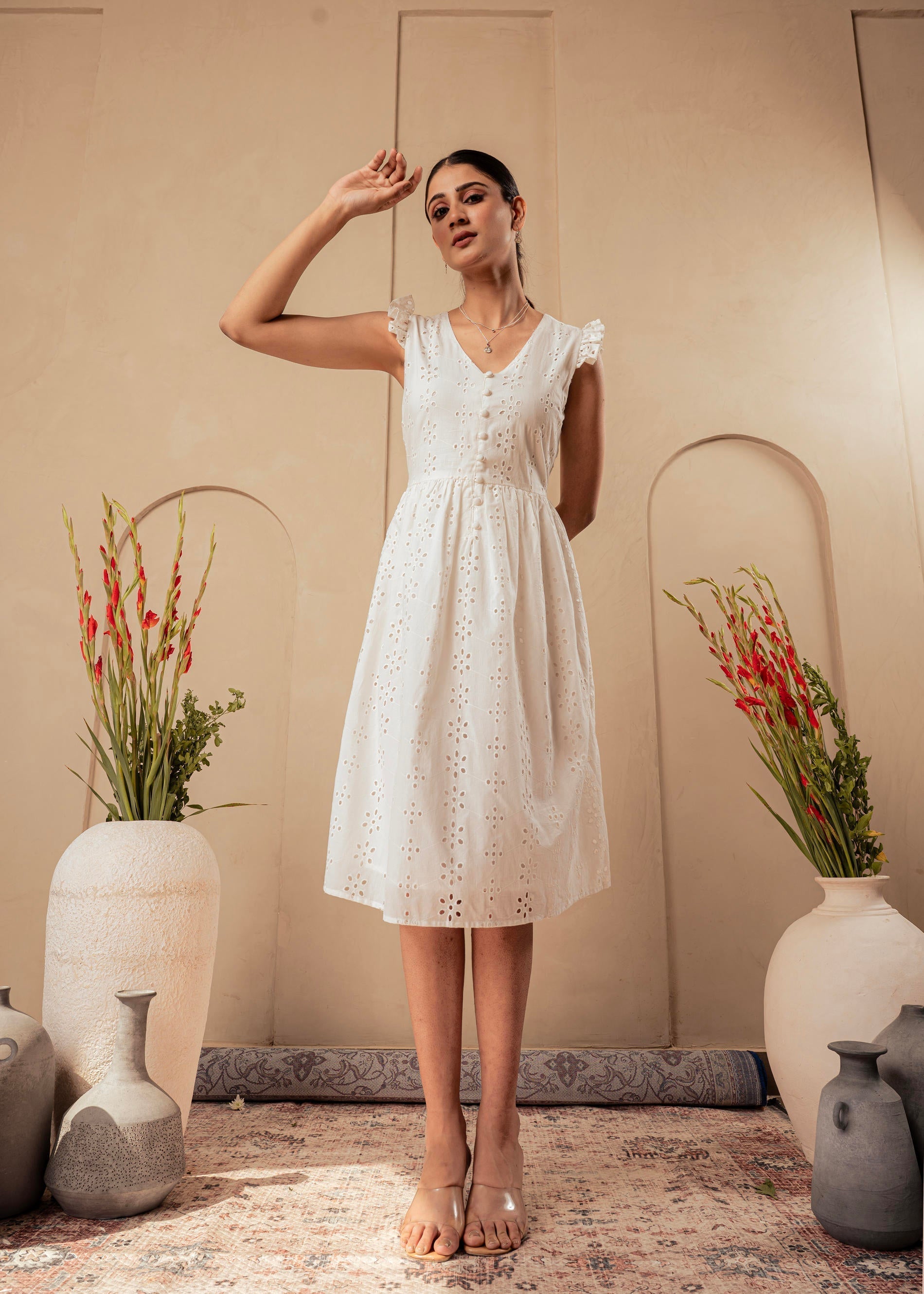 Juniper Lamora Cotton Midi Dress With Ruffled Sleeves