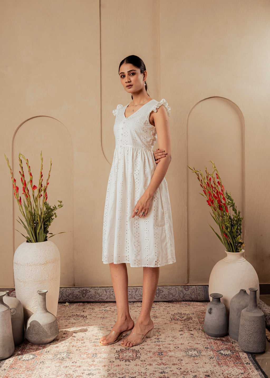Juniper Lamora Cotton Midi Dress With Ruffled Sleeves