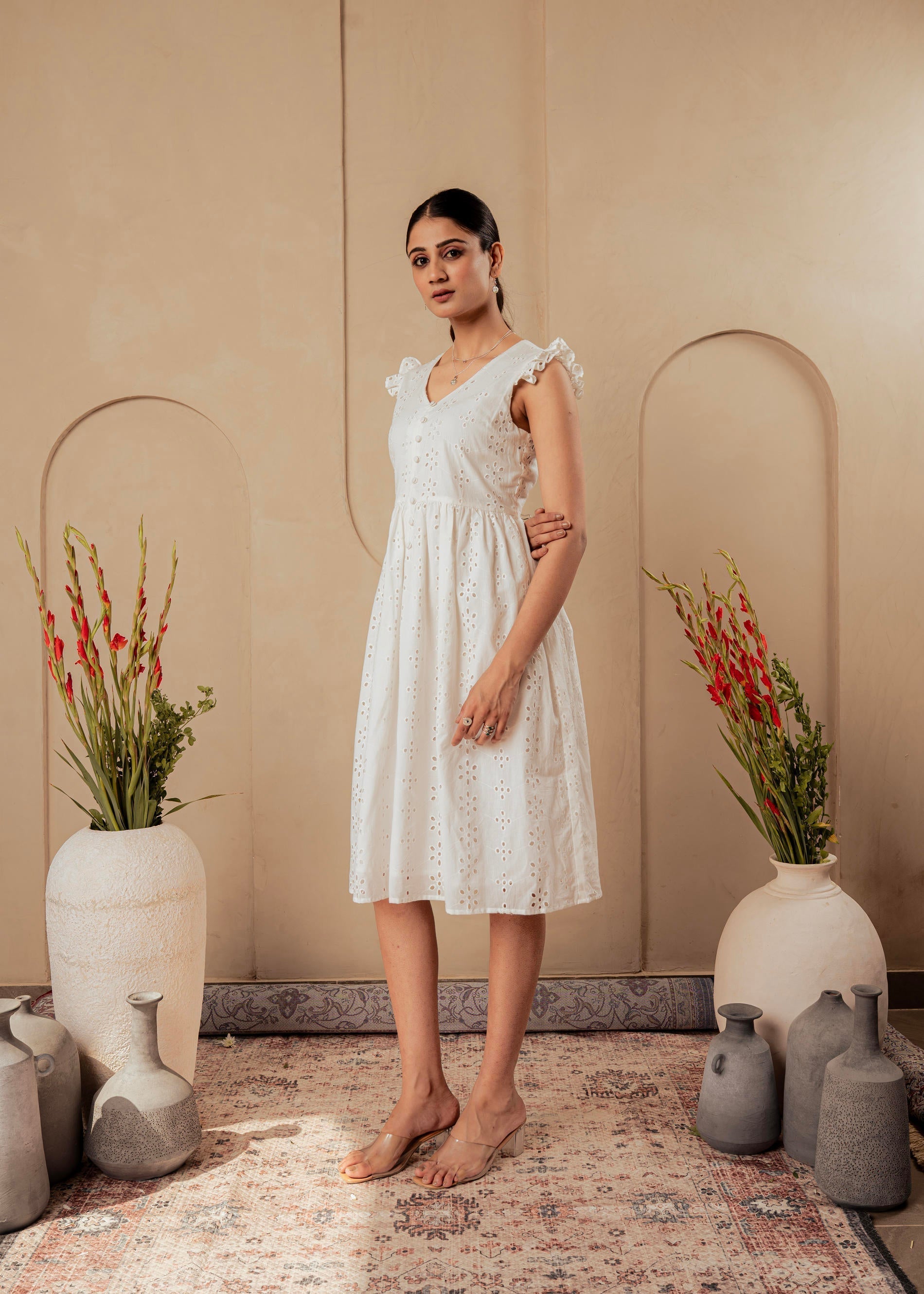 Juniper Lamora Cotton Midi Dress With Ruffled Sleeves