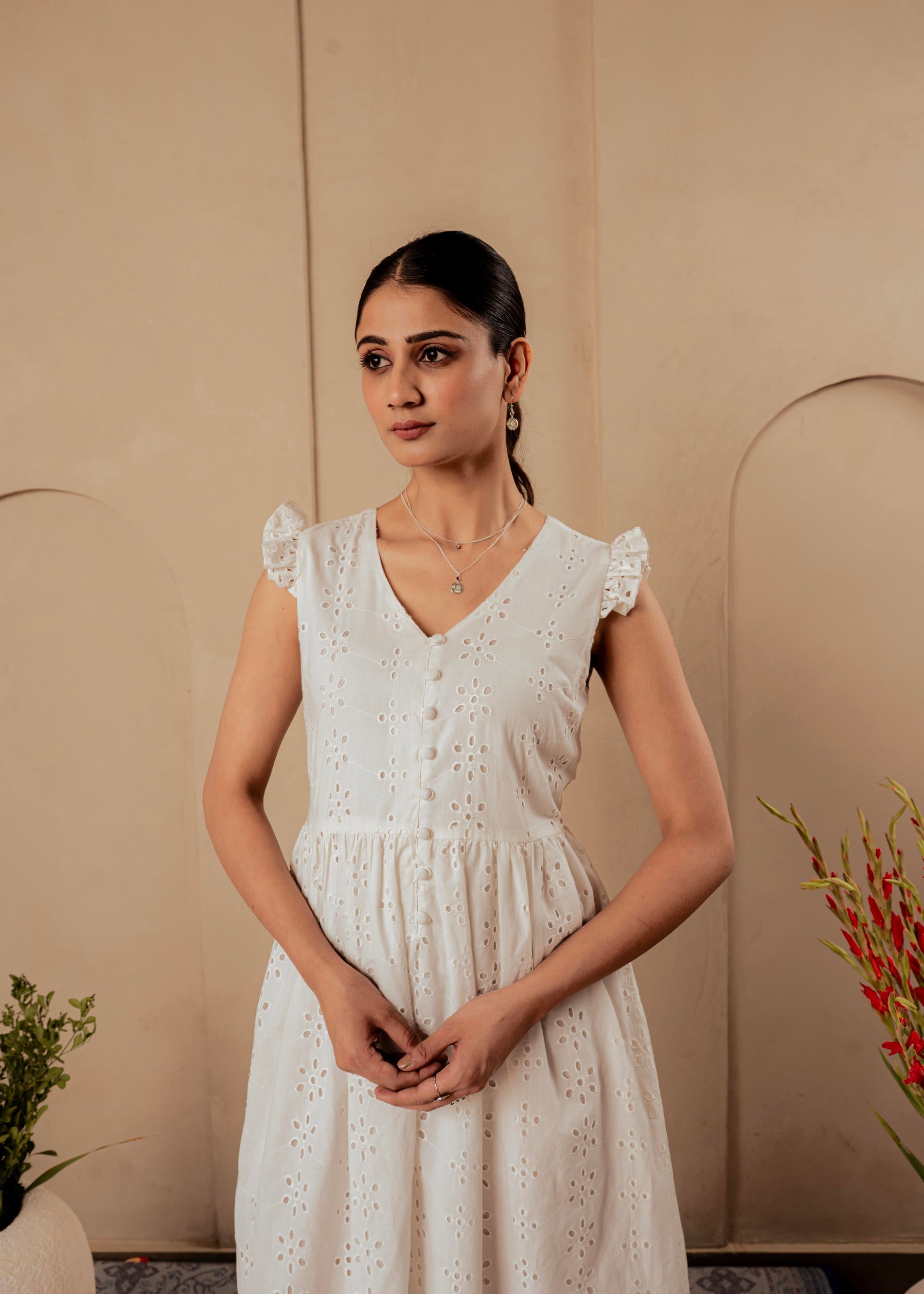 Juniper Lamora Cotton Midi Dress With Ruffled Sleeves