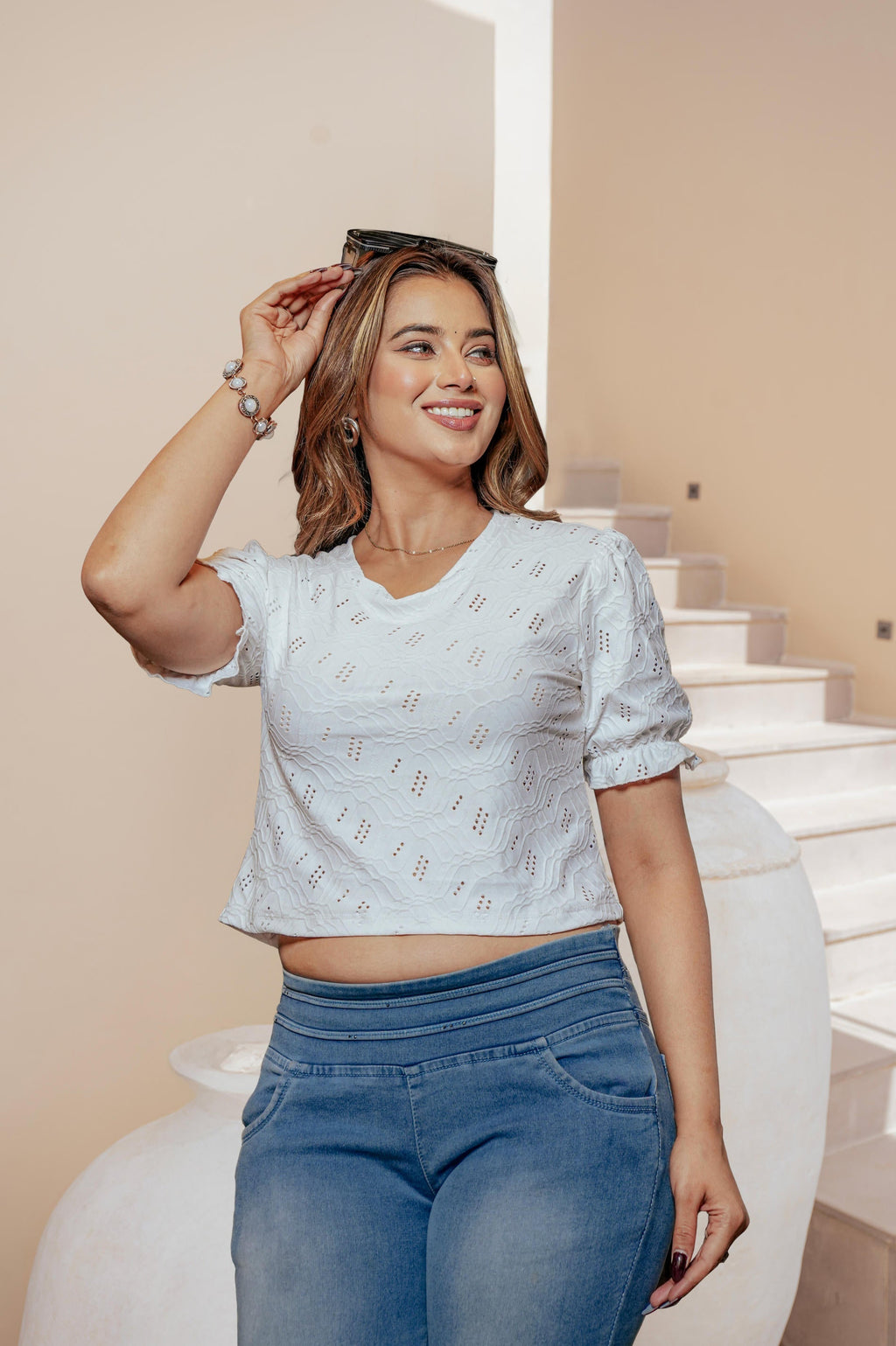 Juniper Lamora White Puff-Sleeve Crop Top