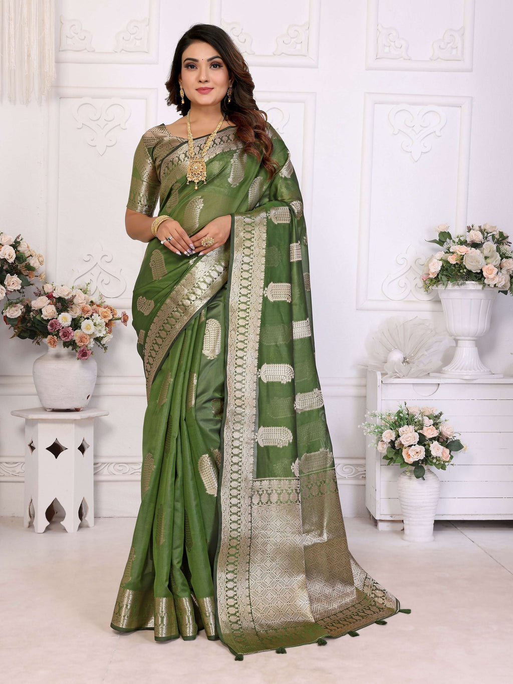 Aastha Fashion Mehndi Soft Organza Silk Weaving Saree