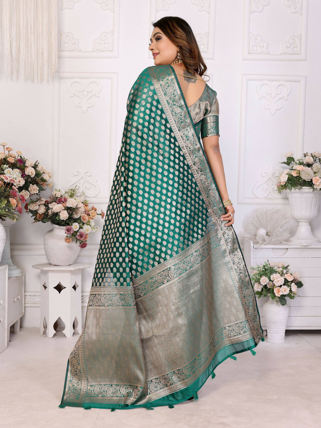 Aastha Fashion Green Organza Silk Weaving Saree