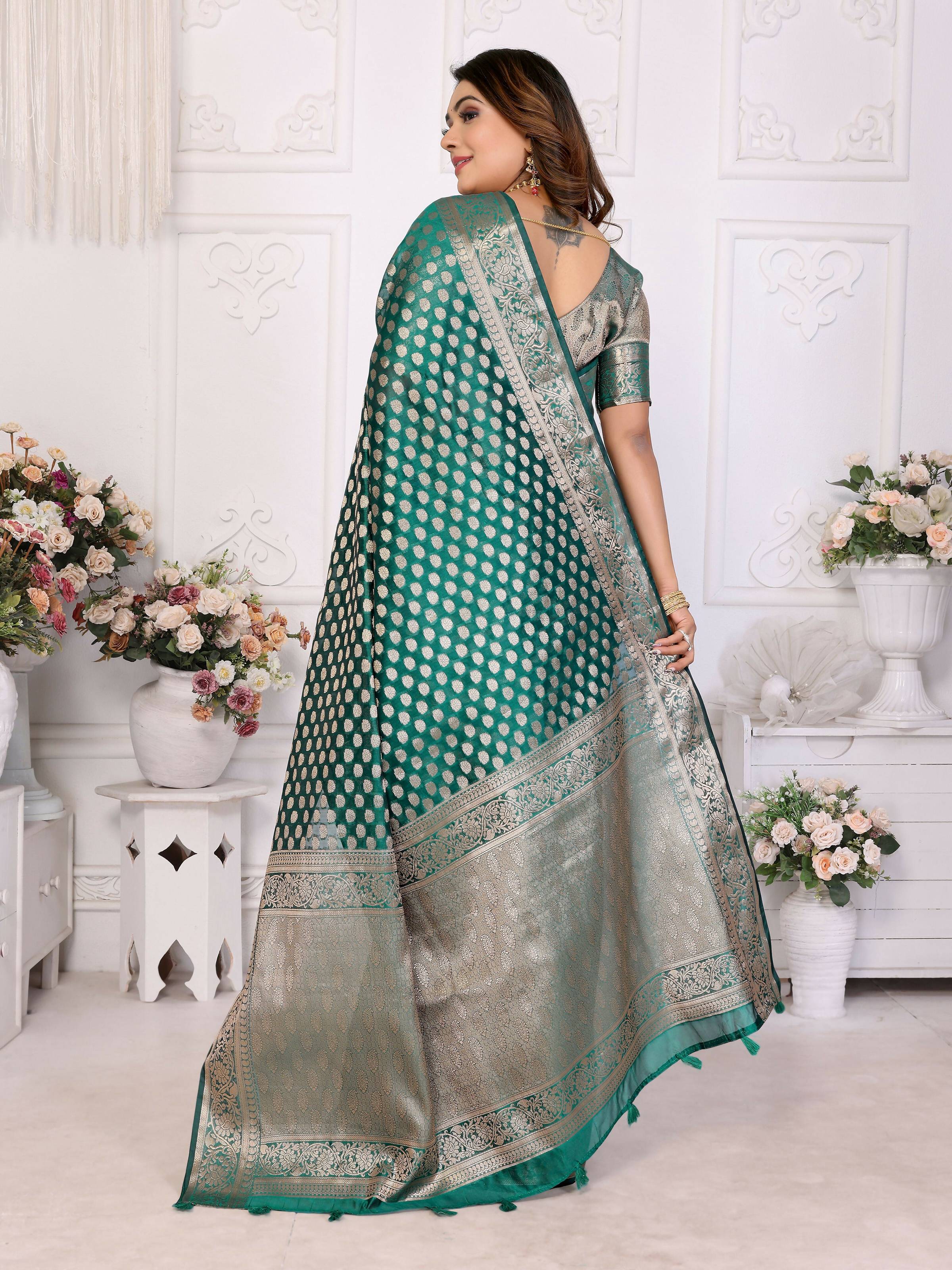 Aastha Fashion Green Organza Silk Weaving Saree