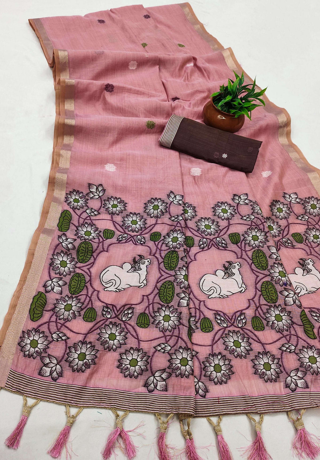 Vastranavya Pink Muga Cotton Meenakari & Azarakh Pallu Saree with Contrast Blouse