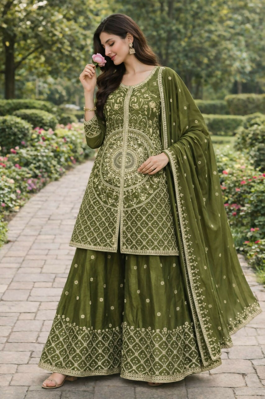 Teeya Creation Green Color Chinon Silk Wedding Wear Trending Palazzo Set