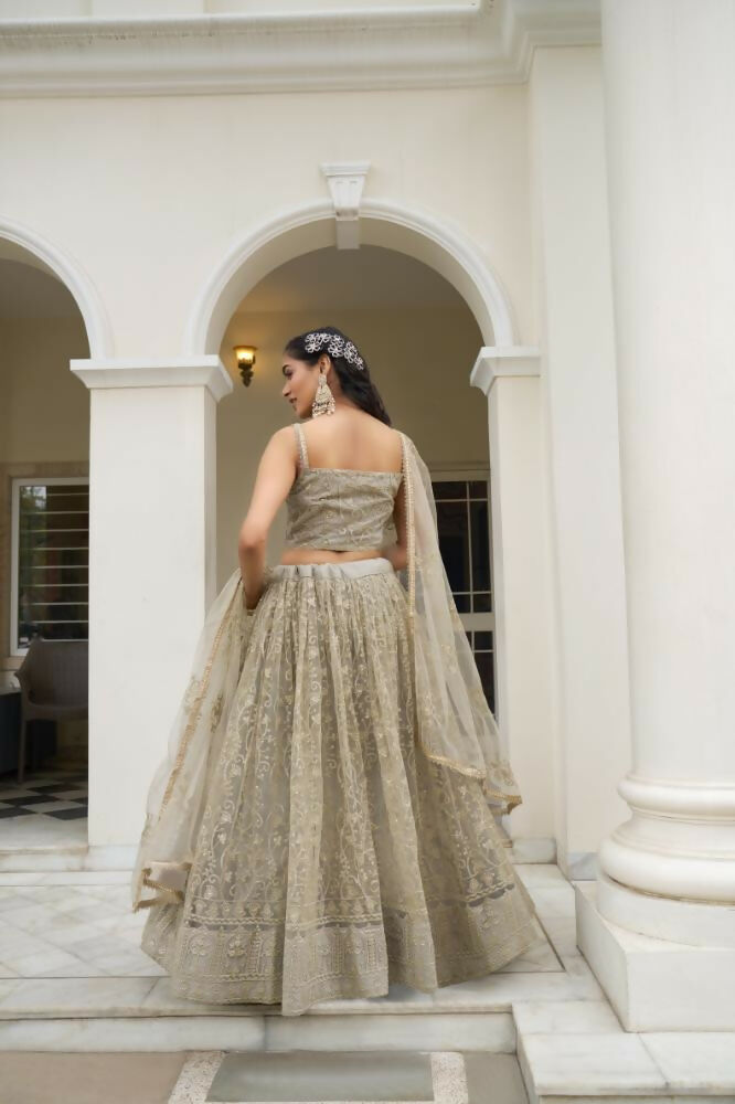 Aastha Fashion Ivory Butterfly Net Tone To Tone Cotton Thread Work And Sequence Work Embroidery Wedding Wear Lehenga Choli