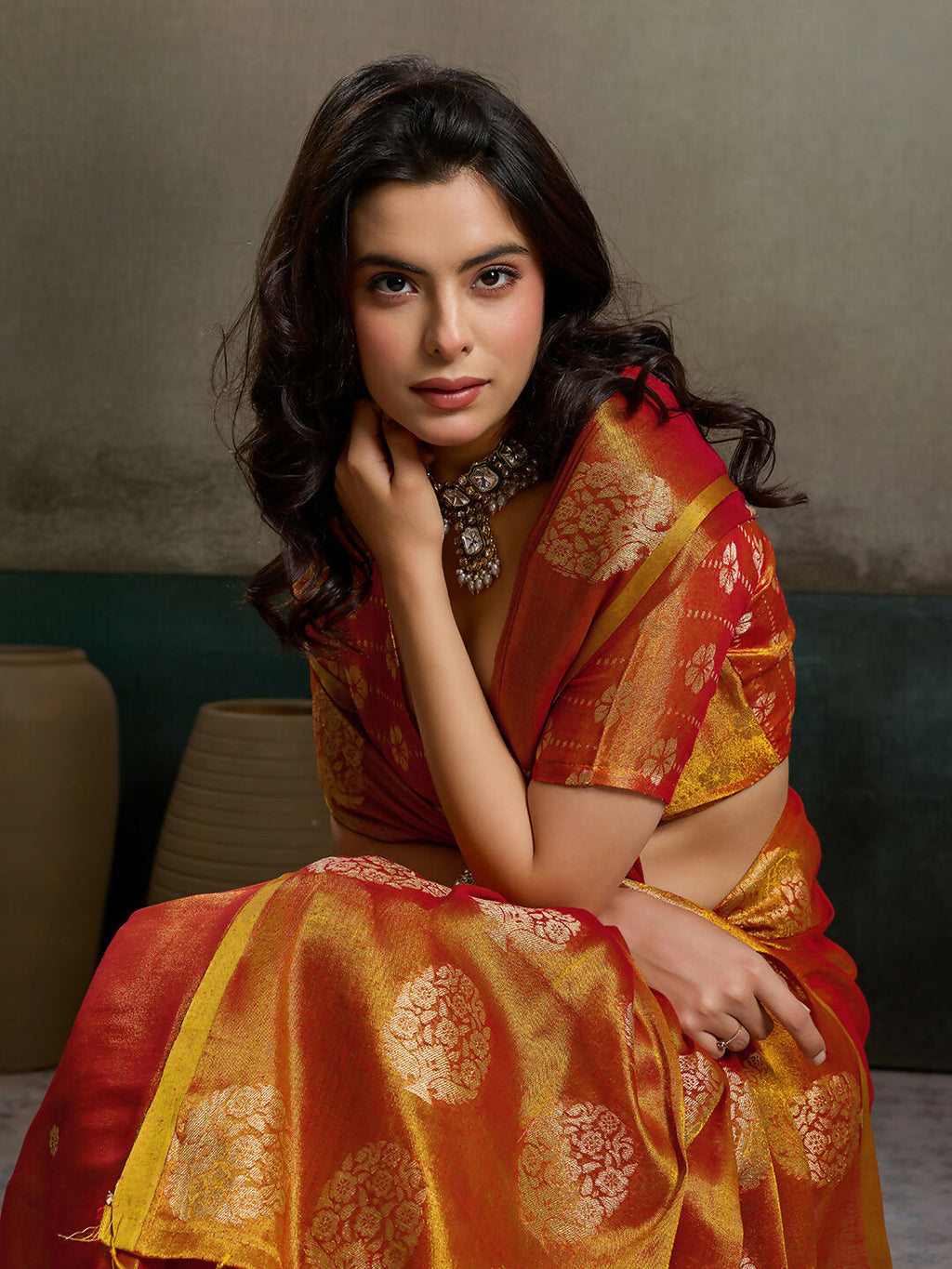 Shree Shyam Fashion Orange Tissue Silk Saree