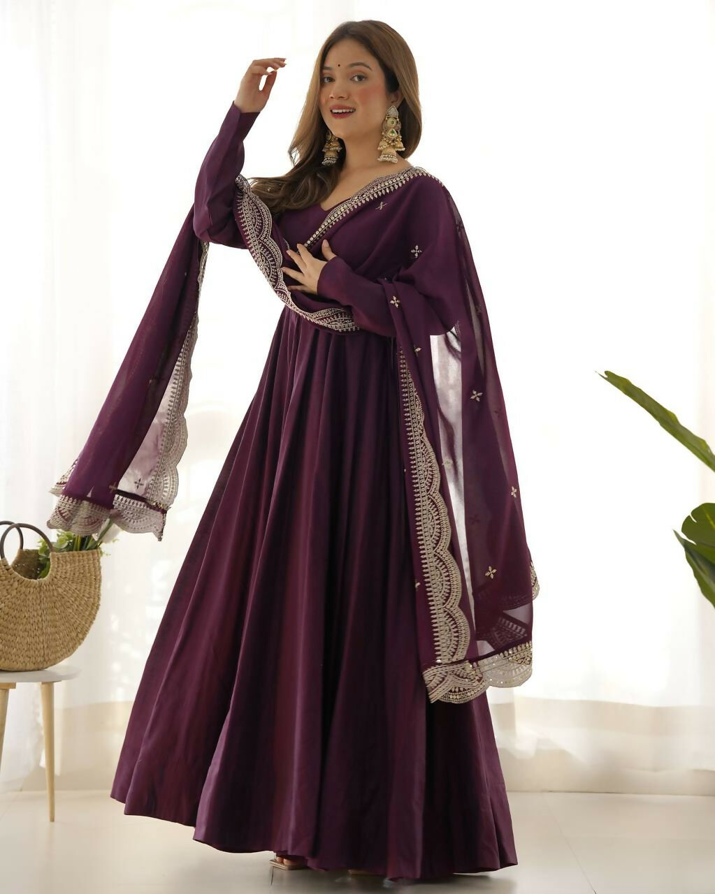 Lehenga Mart Designer Anarkali Suit With Kurta, Pant, Dupatta For Women-Wine